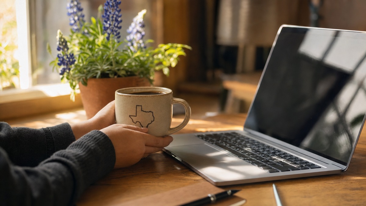 A welcoming desk scene with a Texas mug and laptop, representing the contact page for Texas Gift Ideas