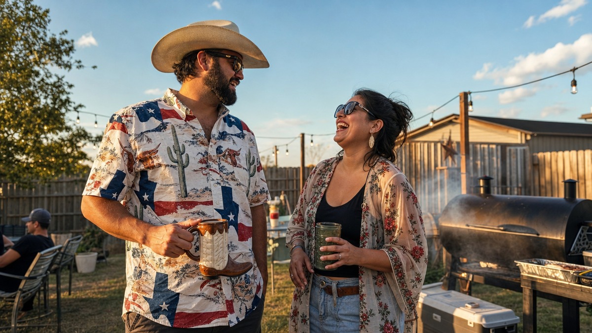 Two people laughing at a Texas backyard BBQ, one wearing a state-pride shirt and holding a funny Lone Star mug