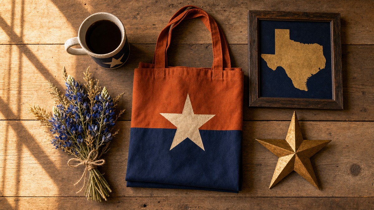 Curated Texas gift ideas flat-lay including a Lone Star mug, tote bag, and bluebonnet sprigs on a rustic wood surface