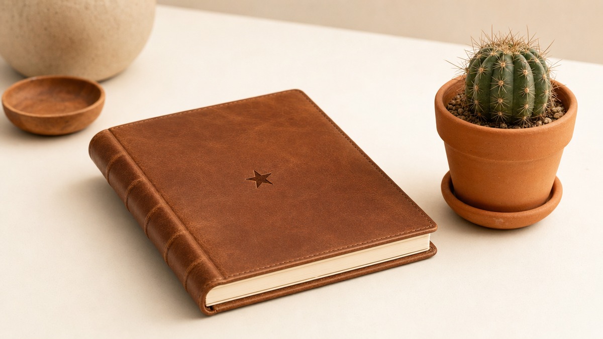 A leather notebook with a lone star stamp beside a small cactus, representing privacy and trust