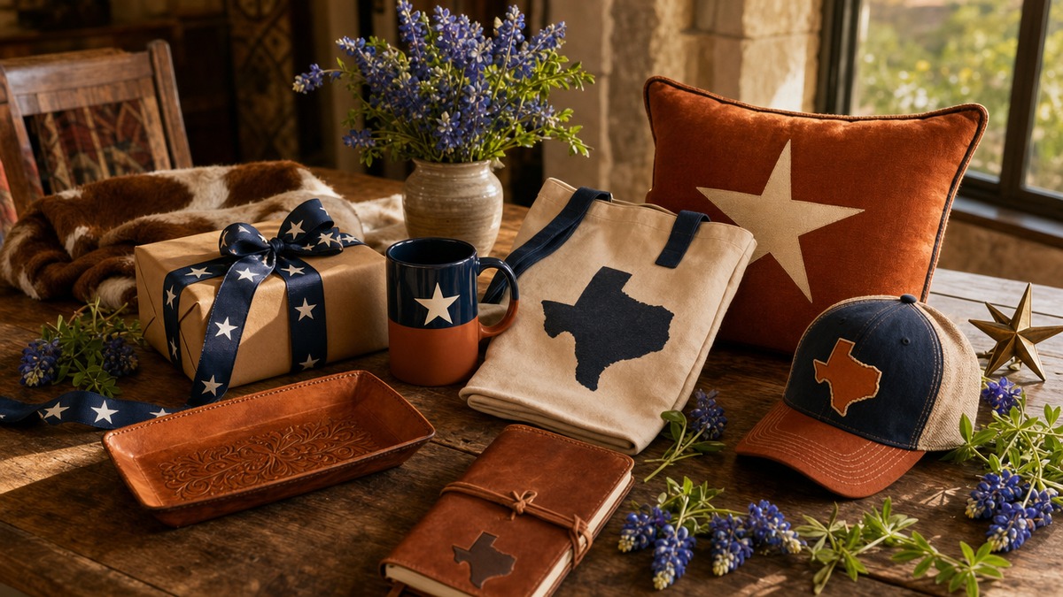 A Texas gift guide editorial spread featuring a Lone Star mug, state tote bag, throw pillow, and bluebonnets on a rustic oak table