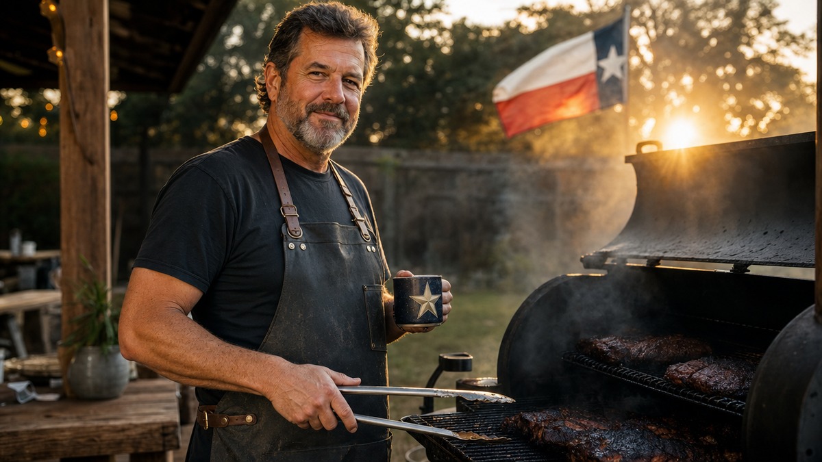 A Texas dad standing at the backyard BBQ grill in a Lone Star apron, holding grill tongs and a coffee mug