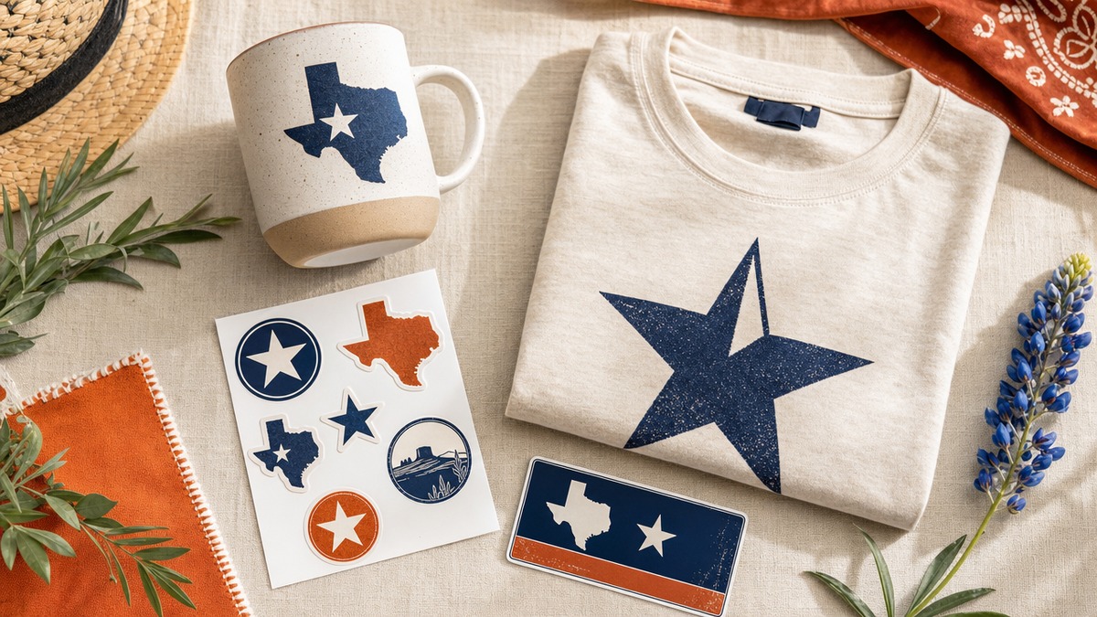 A bright flat-lay of budget-friendly Texas gifts including a mug, sticker sheet, tee, and bumper sticker under $25