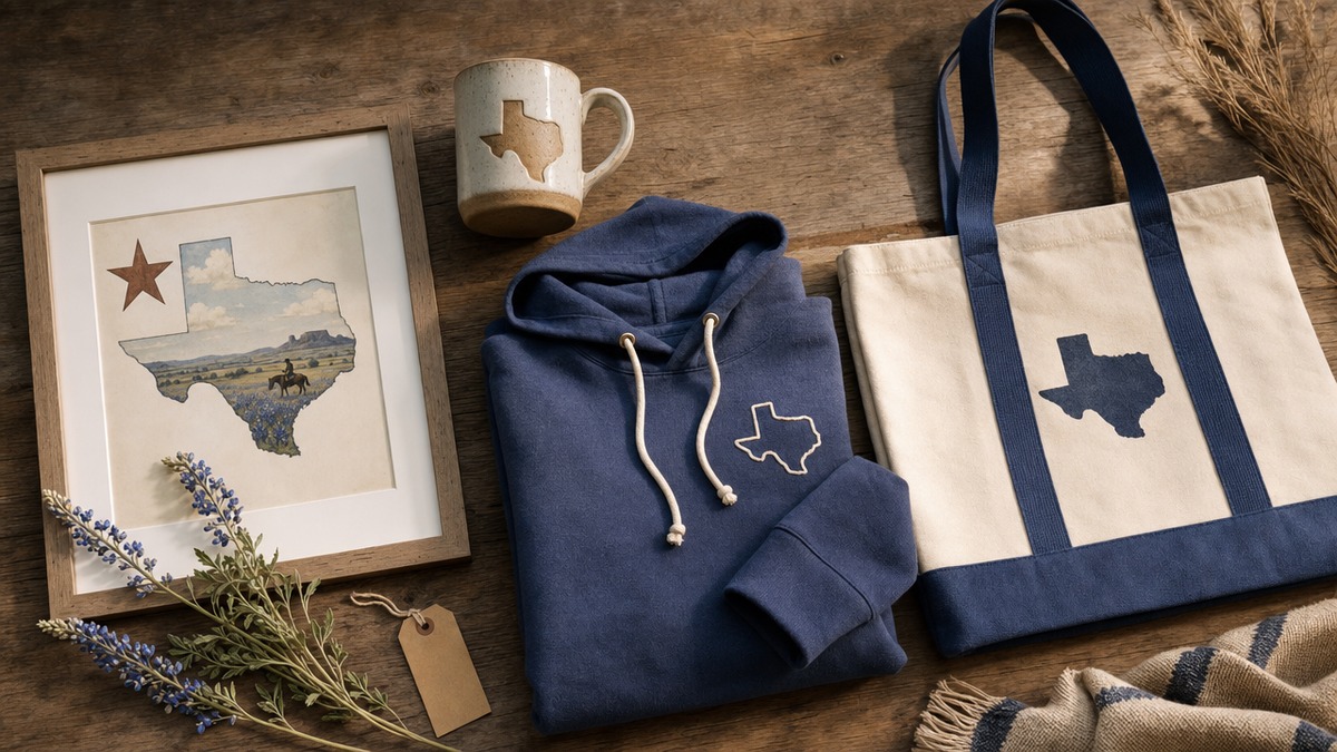 A curated flat-lay of Texas gifts under $50 including a mug, hoodie, framed print, and tote bag with bluebonnet accent
