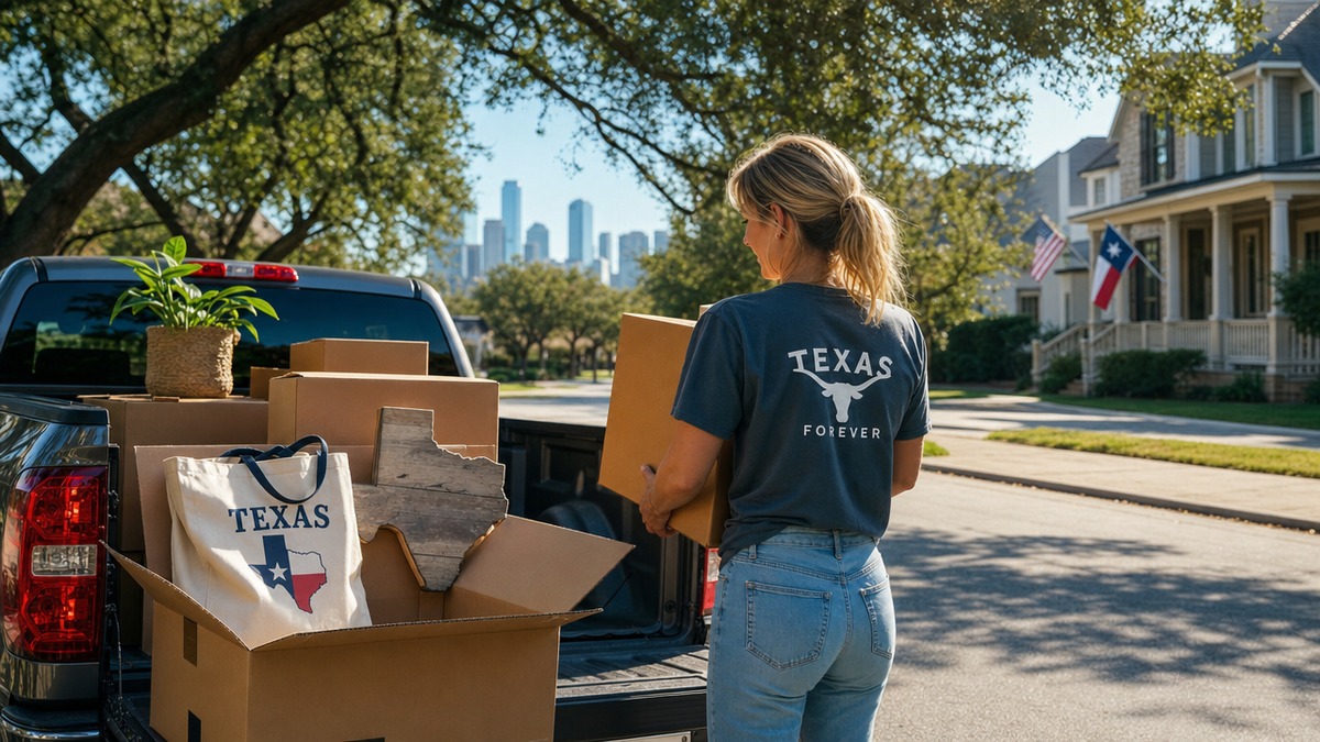 A person loading Texas-themed moving gifts into a pickup truck on a bright Texas street under live oak trees