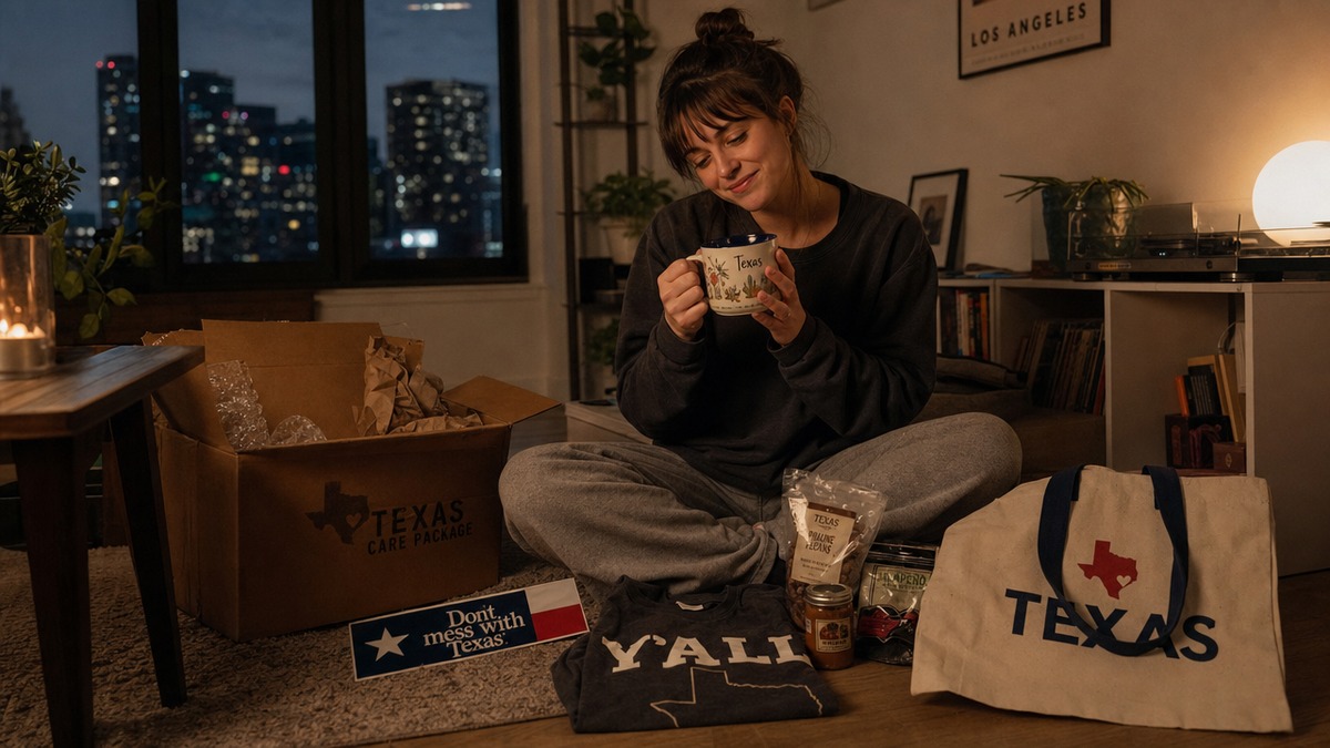 A homesick Texan sitting on an apartment floor surrounded by Texas care package items, holding a Lone Star mug with a nostalgic smile