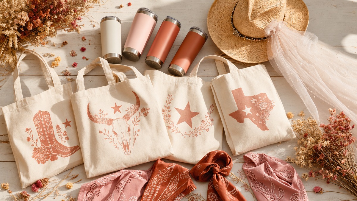 A festive Texas bachelorette flat-lay with matching totes, tumblers, a veiled straw cowboy hat, and wildflowers