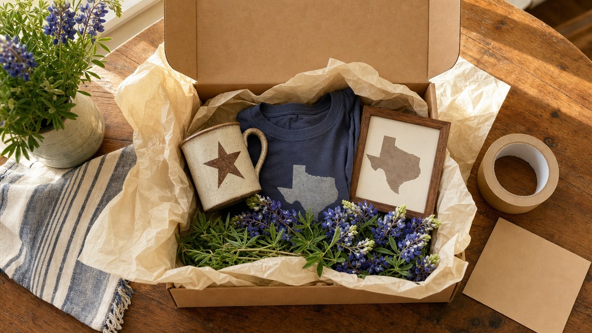 An open kraft shipping box on a kitchen table packed with a Lone Star mug, folded tee, framed Texas print, and bluebonnets