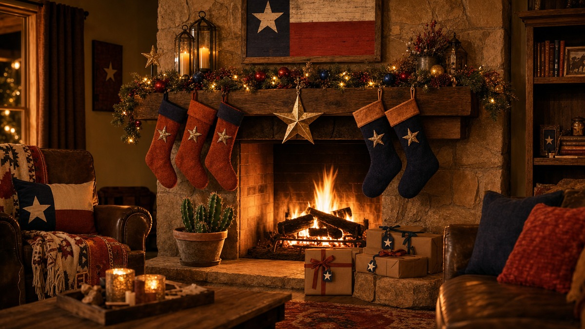A Texas Christmas mantel with Lone Star ornaments, navy and burnt-orange stockings, and a cactus instead of a poinsettia