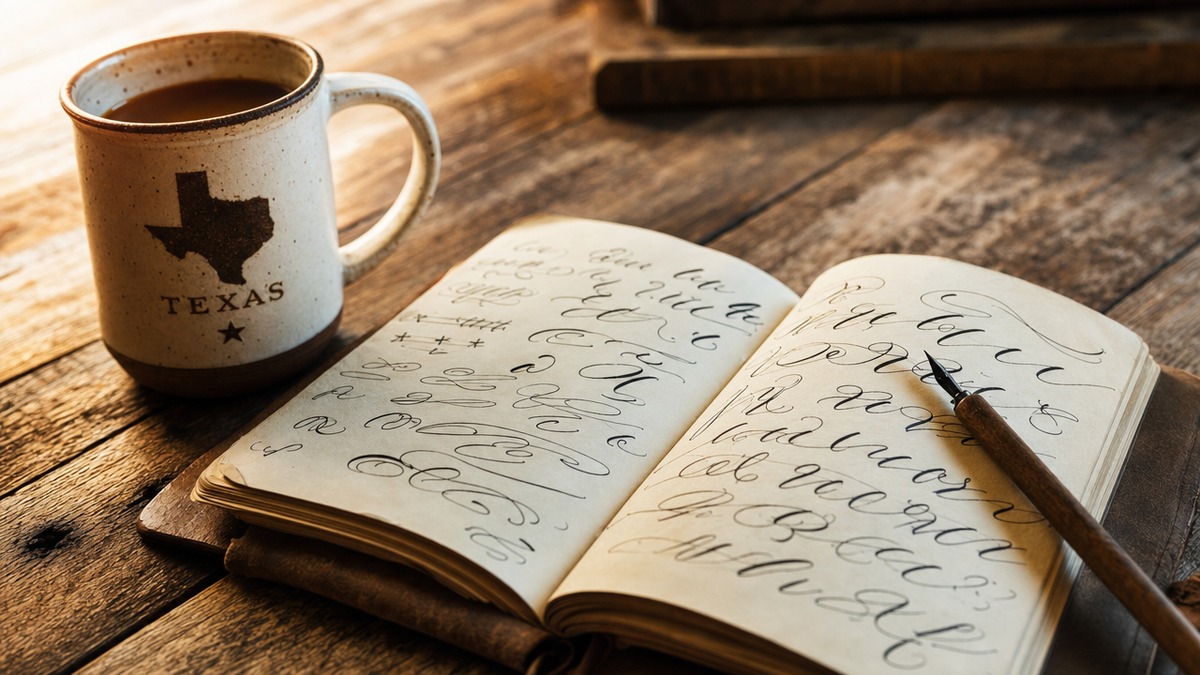 An open calligraphy notebook with hand-lettered Texas sayings practice beside a Lone Star mug on a rustic wood table