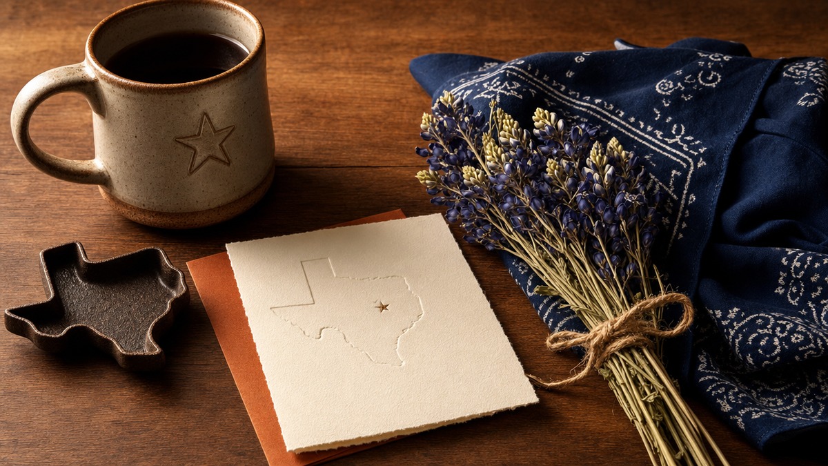 A curated flat-lay of tasteful Texas keepsakes including a ceramic lone-star mug, letterpress map card, and dried bluebonnets on walnut wood