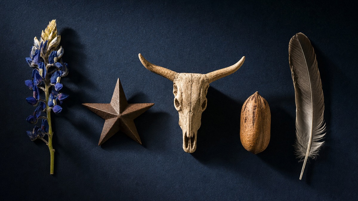 A Texas state symbols editorial flat-lay featuring a bluebonnet, lone star, longhorn figure, pecan, and mockingbird feather on navy
