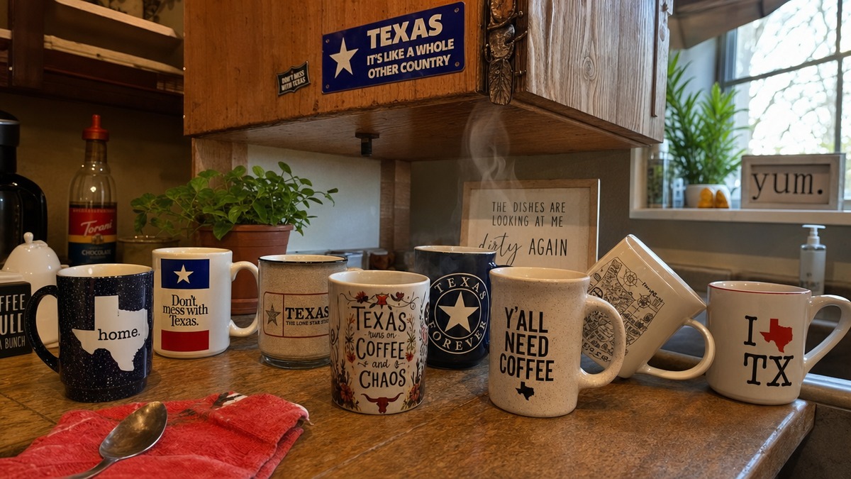 A cluster of Texas-themed funny mugs on a morning kitchen counter with steam rising and a Lone Star bumper sticker in the background