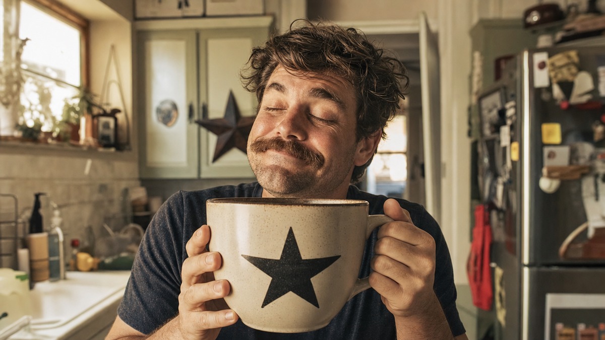 A person joyfully hugging a large Lone Star mug in a morning kitchen, Texas pride in every sip