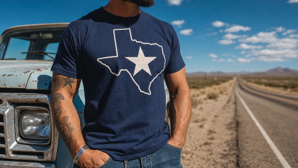 A bold Texas state pride tee worn on a sunlit Texas roadside beside a pickup truck and open highway