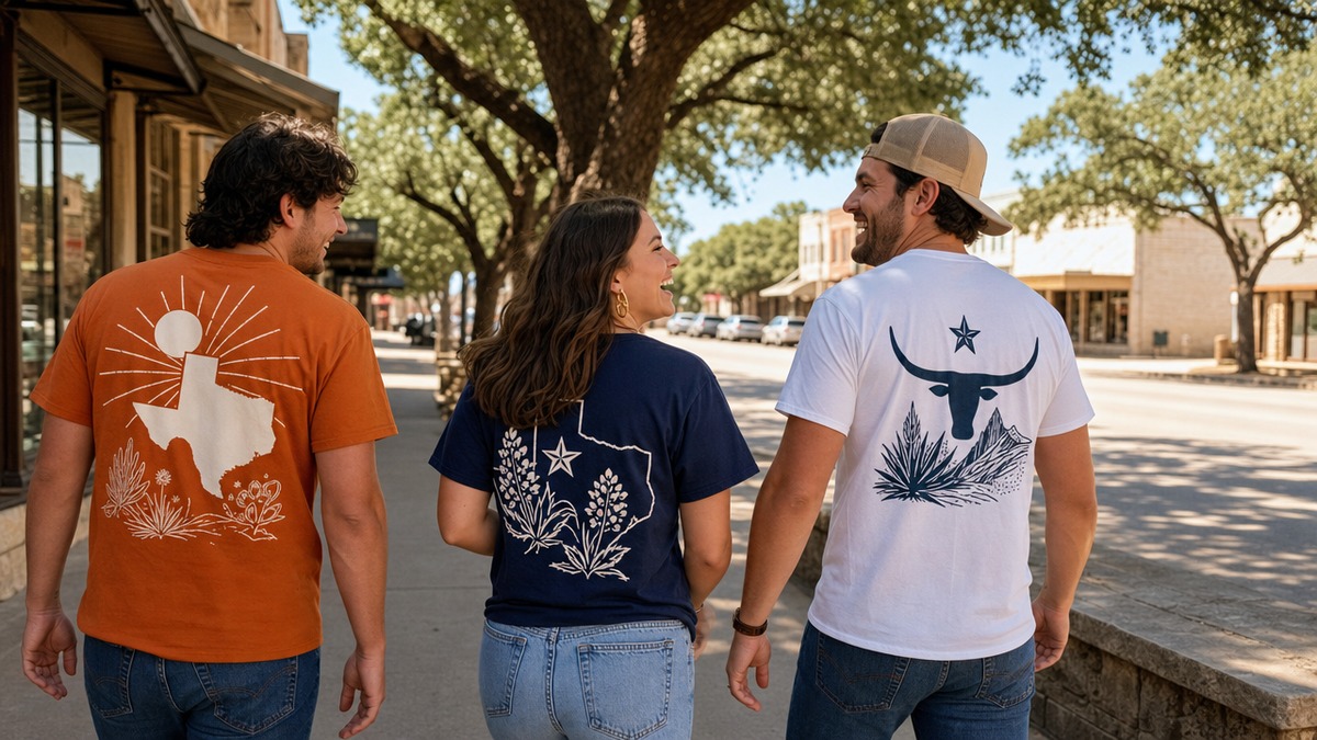 Three friends laughing on a Texas main street wearing bold state-pride graphic tees