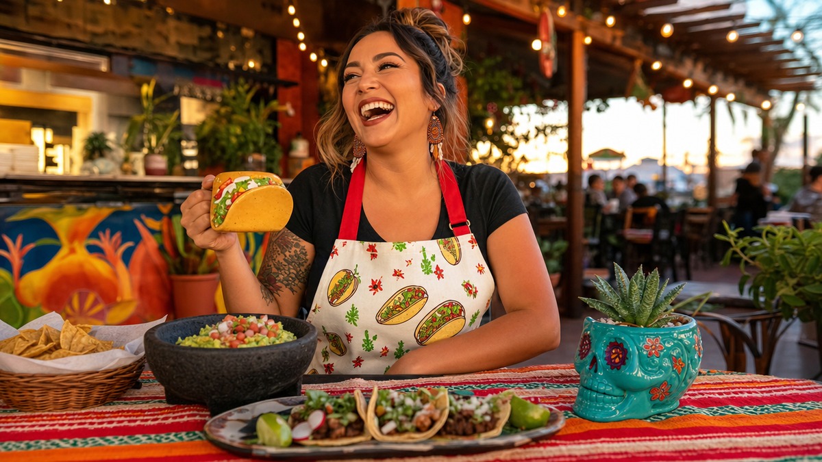 A laughing Tex-Mex taco enthusiast wearing a taco apron at a colorful outdoor table, celebrating Lone Star taco culture