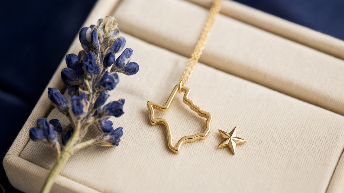 A close-up of a delicate gold Texas-outline necklace and lone-star earring on cream linen beside a bluebonnet sprig