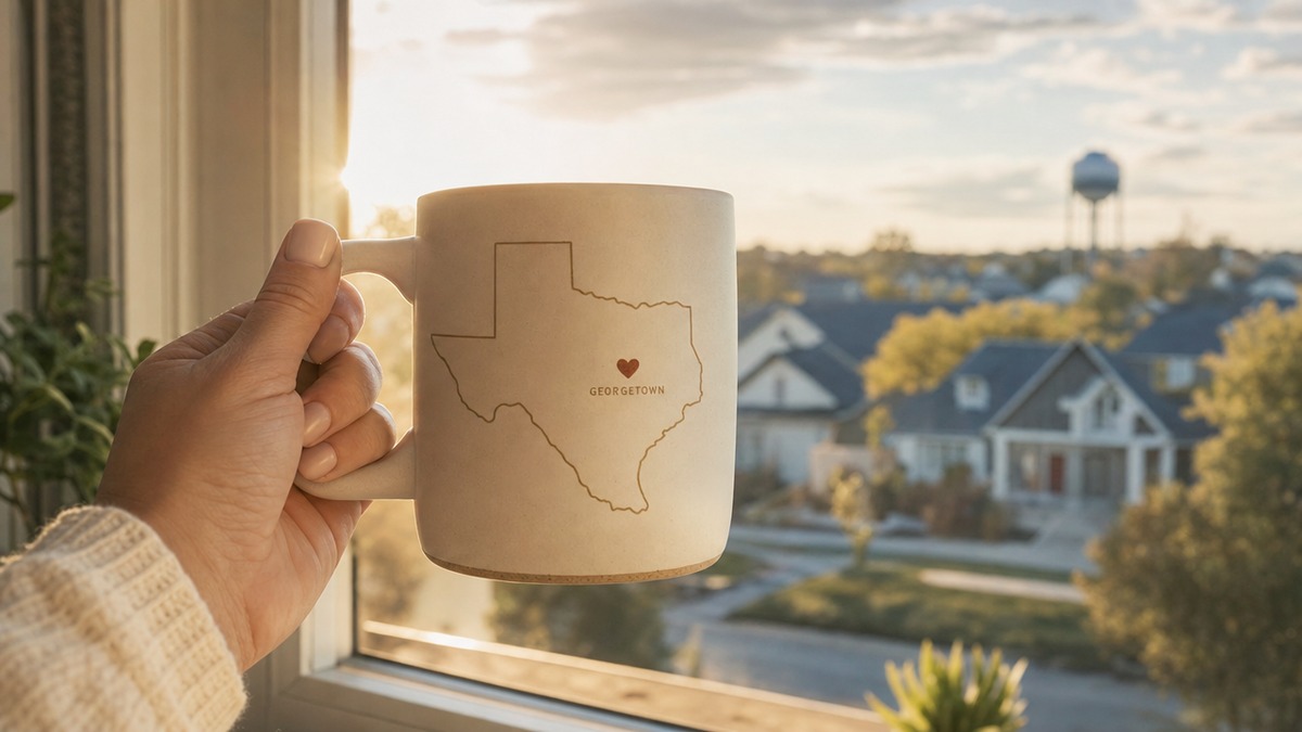 A custom Texas mug with a state silhouette and city-heart marker held up against a window with soft morning light
