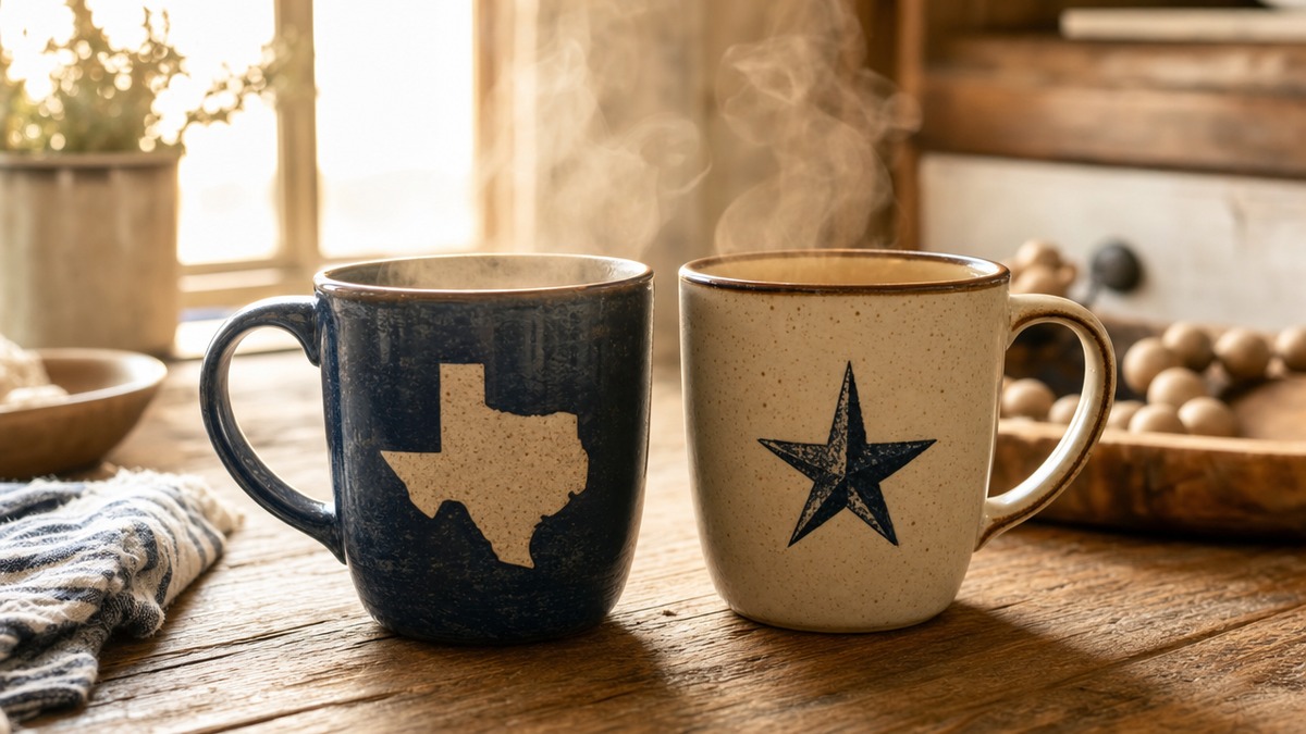 Two custom Texas mugs on a farmhouse table with morning steam rising in warm golden light