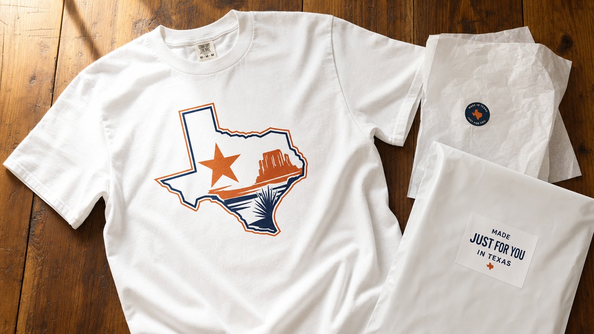 A freshly unboxed custom Texas shirt with a bold state design beside tissue paper and a shipping mailer