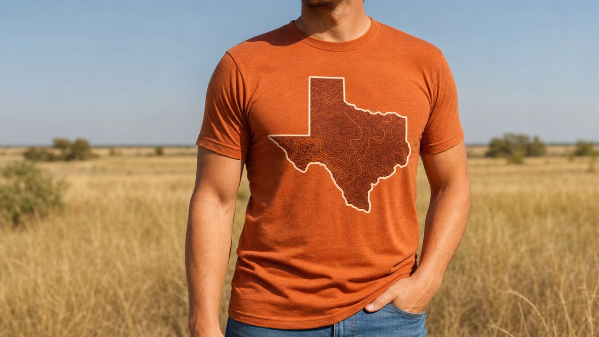 A person wearing a custom burnt-orange Texas state pride shirt outdoors in the Lone Star sunshine