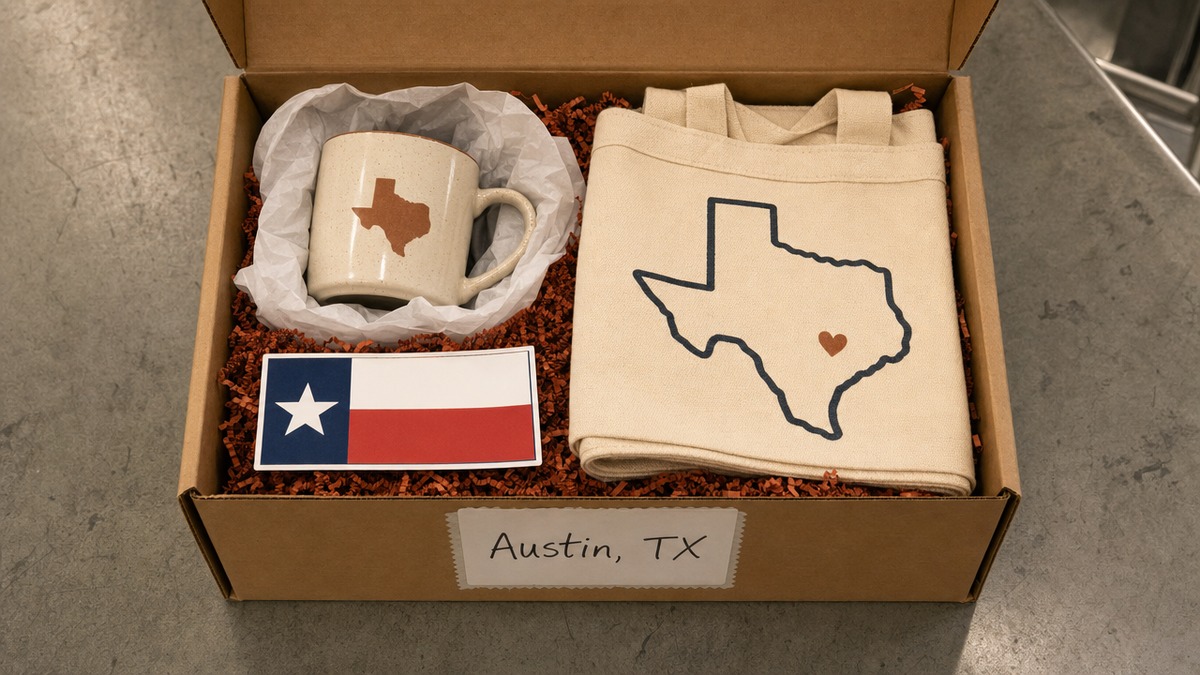 A Texas care package shipping box packed with a Lone Star mug, tote bag, and bumper sticker ready to mail anywhere