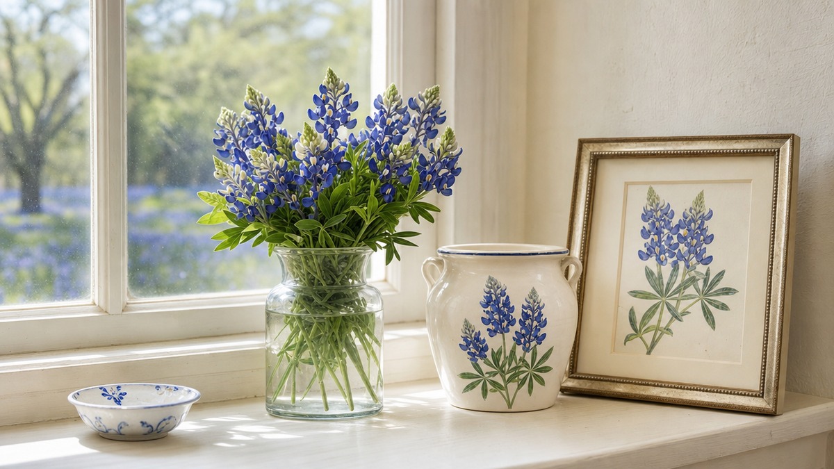 A Texas windowsill vignette with fresh bluebonnets in a glass vase, a painted ceramic pot, and a bluebonnet botanical print
