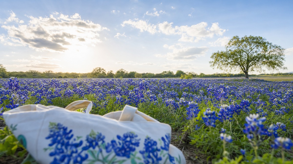 A field of blooming Texas bluebonnets in spring morning light with a bluebonnet tote bag in the foreground