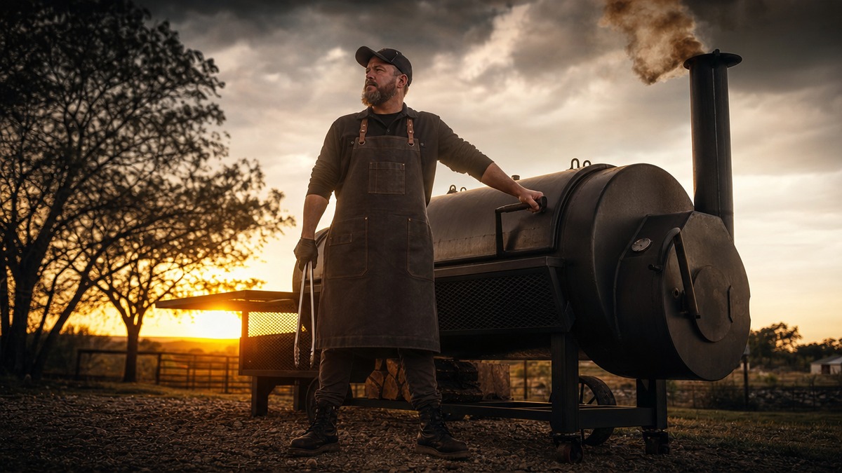 A Texas pitmaster wearing a dark canvas BBQ apron standing confidently before a smoking offset BBQ pit