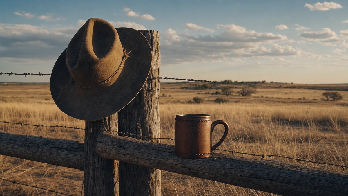 A worn cowboy hat hung on a Texas ranch fence post with wide open grassland and sky