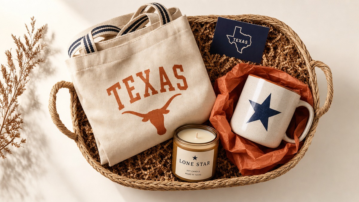 A curated Texas gift basket with a Lone Star mug, state tote bag, and candle styled for gifting