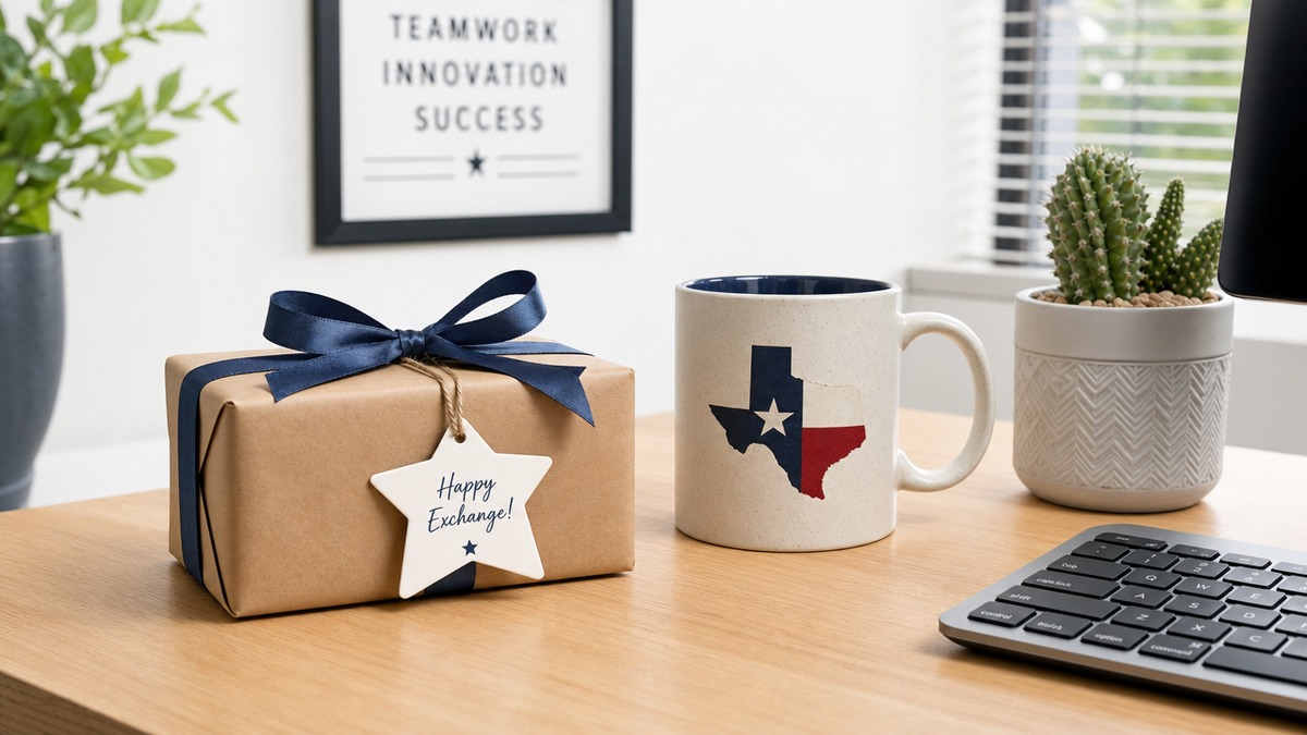 An office desk gift exchange scene with a wrapped gift, Texas mug, and succulent cactus for a coworker