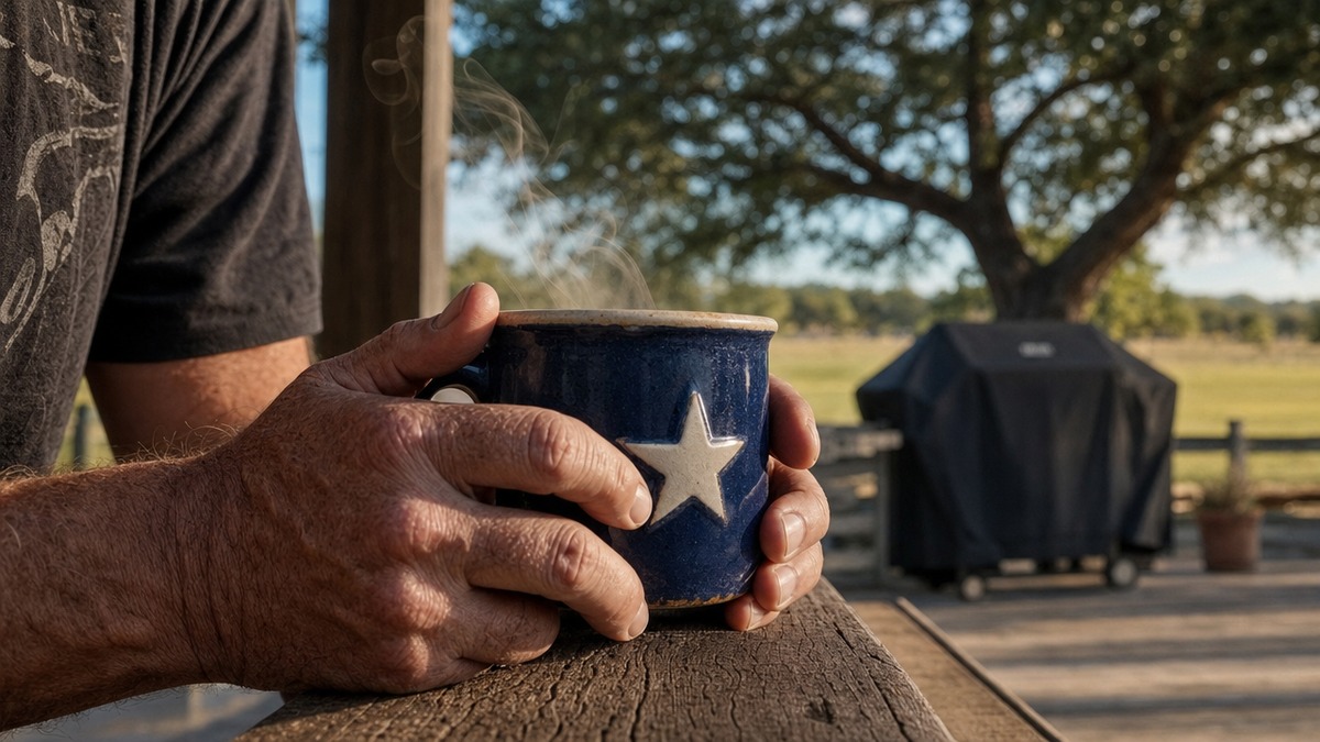 A Texas dad's weathered hands holding a Lone Star mug on a back porch with a grill and live oak in the background