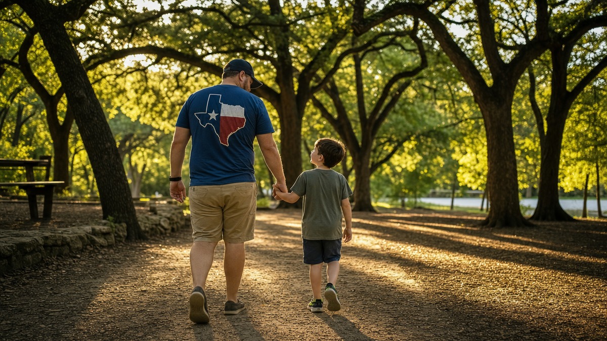 A Texas dad and child walking hand-in-hand through a live oak park, dad wearing a Texas-pride graphic tee