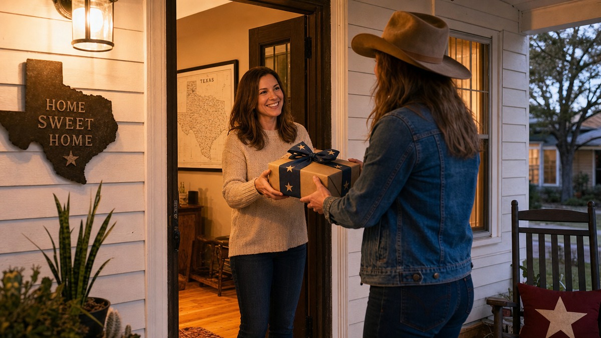 Someone receiving a Texas housewarming gift at their front door, with a Lone Star ribbon and a Texas map interior visible