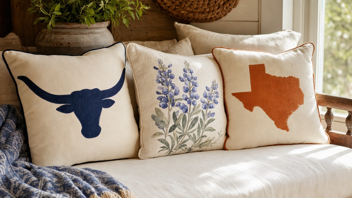 Three Texas throw pillows styled on a daybed: longhorn, bluebonnet botanical, and state map designs in warm afternoon light
