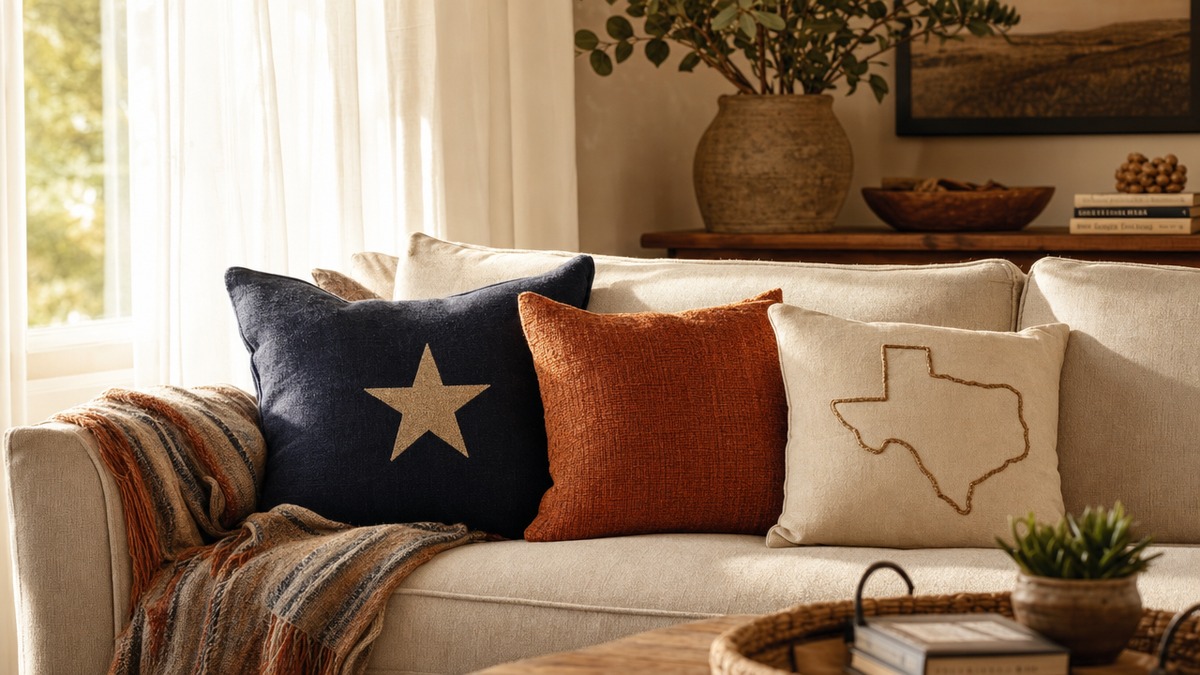 A cozy Texas-styled cream sofa with Lone Star throw pillows and a draped blanket in warm afternoon light