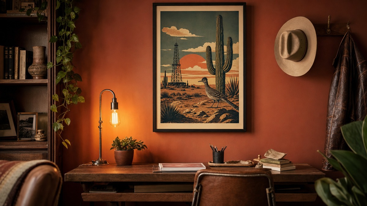 A framed vintage-style Texas travel poster on a terracotta wall in a warm home study with an Edison lamp below