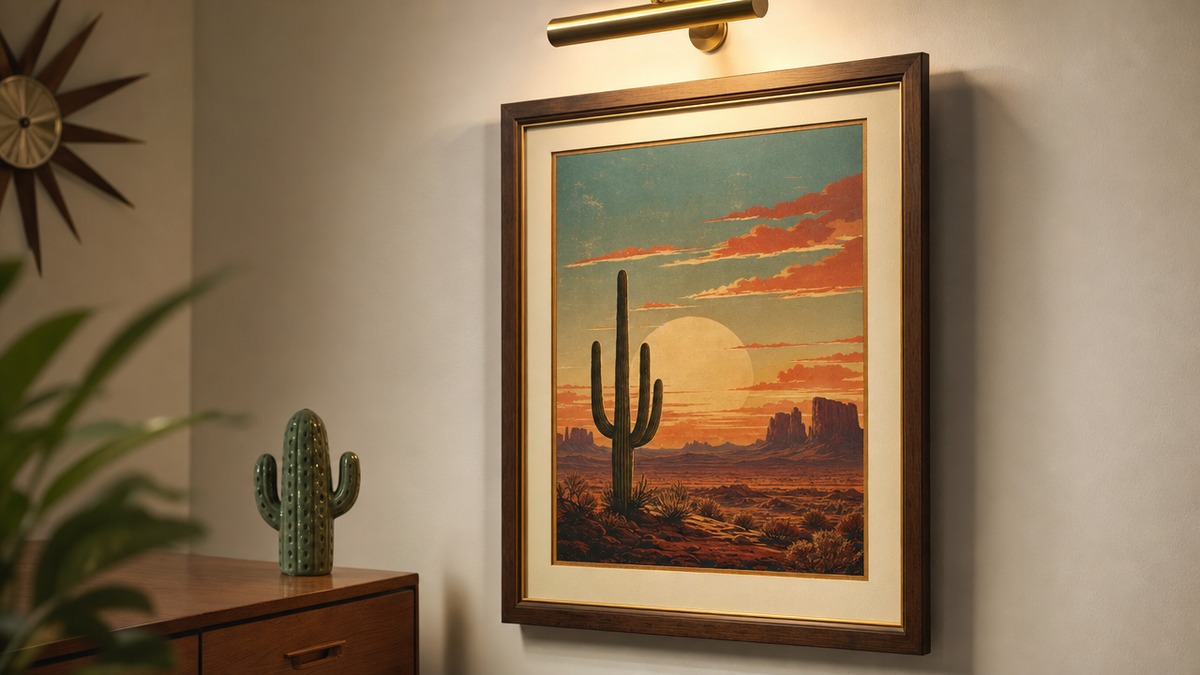 A framed vintage Texas travel poster on a warm white wall lit by a picture light, with a side table and ceramic cactus below