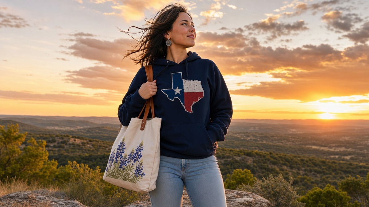 A person wearing a Texas pride hoodie on a Hill Country ridge at golden hour, holding a bluebonnet tote bag