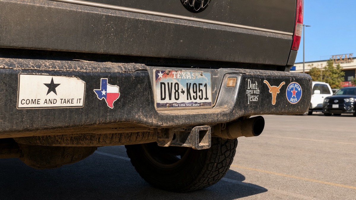 Texas bumper stickers on a well-traveled pickup truck including a lone star, Texas flag, and longhorn