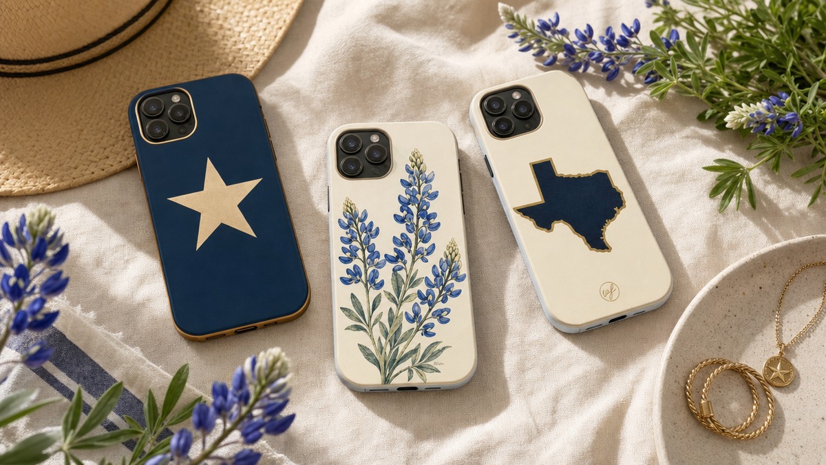 Three Texas-themed phone cases including lone star, bluebonnet botanical, and state outline designs on a cream surface