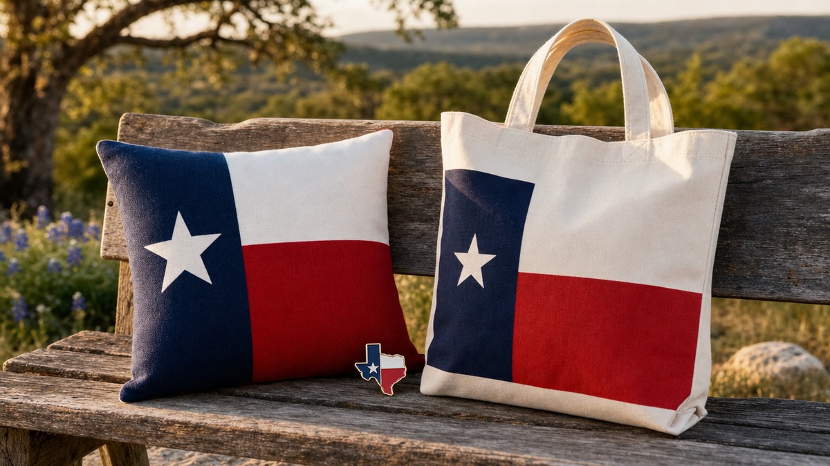 Texas flag themed gifts, a throw pillow, enamel pin, and tote with the lone star design, on a rustic outdoor bench