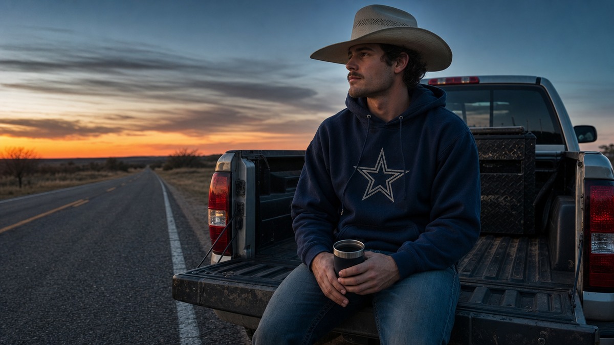 A person in a navy Texas Lone Star hoodie sitting on a pickup tailgate on a rural Texas road at dusk with a warm sunset sky