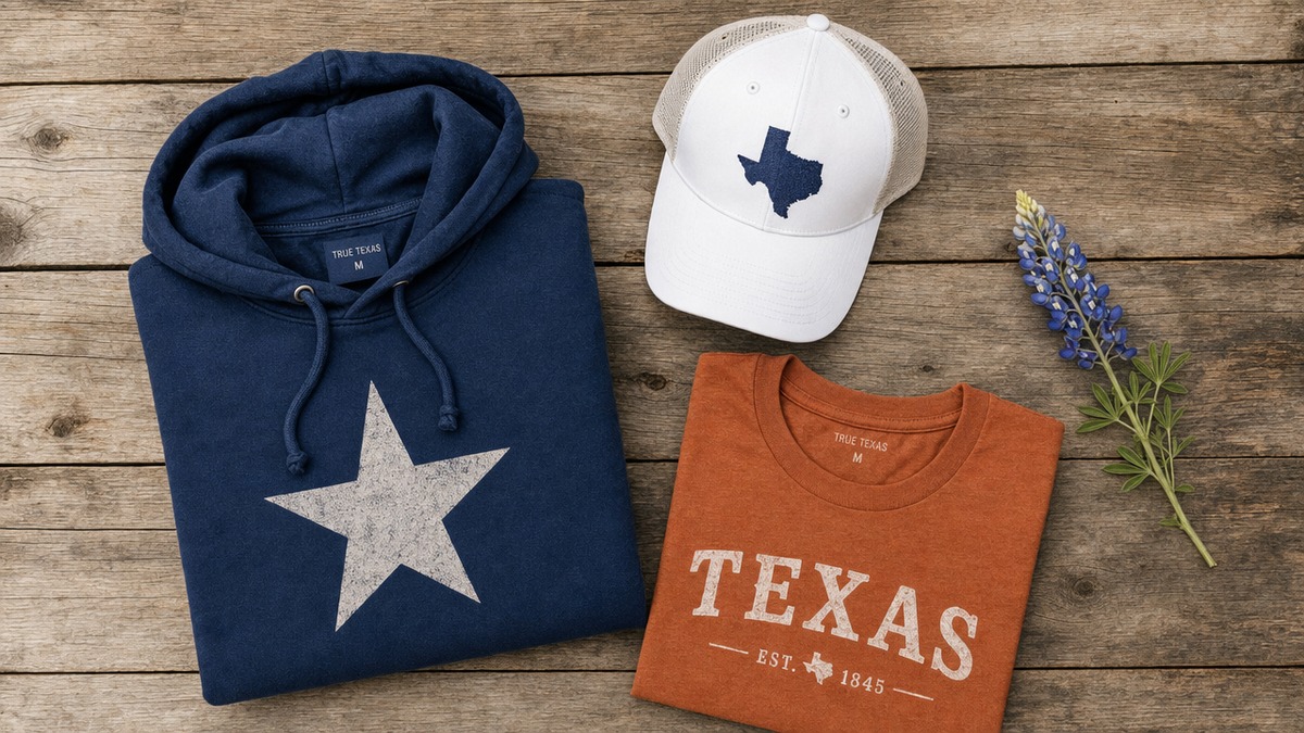 Texas state pride apparel flat-lay with a navy Lone Star hoodie, Texas trucker cap, and burnt-orange tee on weathered wood