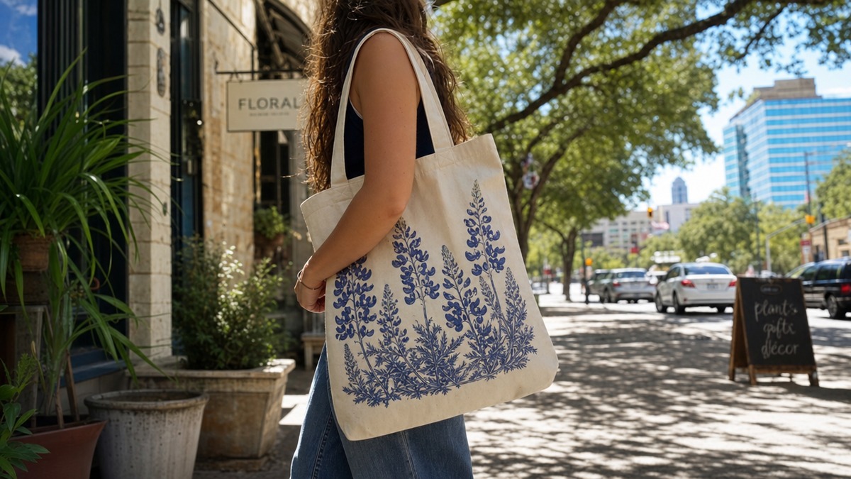 A woman walking on an Austin street with a canvas bluebonnet tote bag over her shoulder in dappled oak tree light